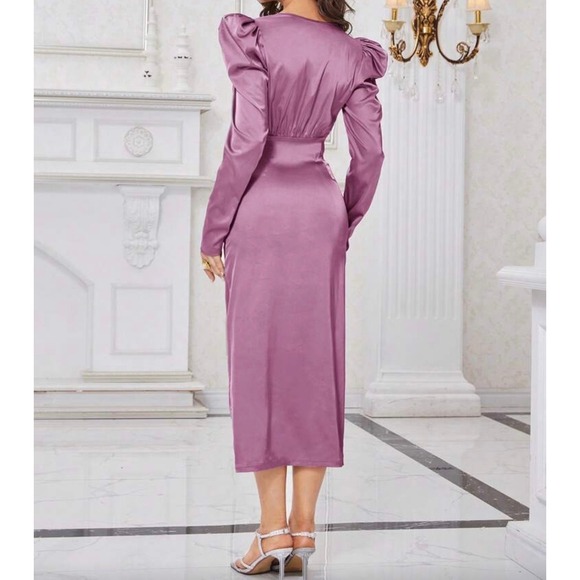 SHEIN Mauve Satin Puff Sleeve Ruched Wrap Midi Dress Purple Long Sleeve New - Picture 3 of 5